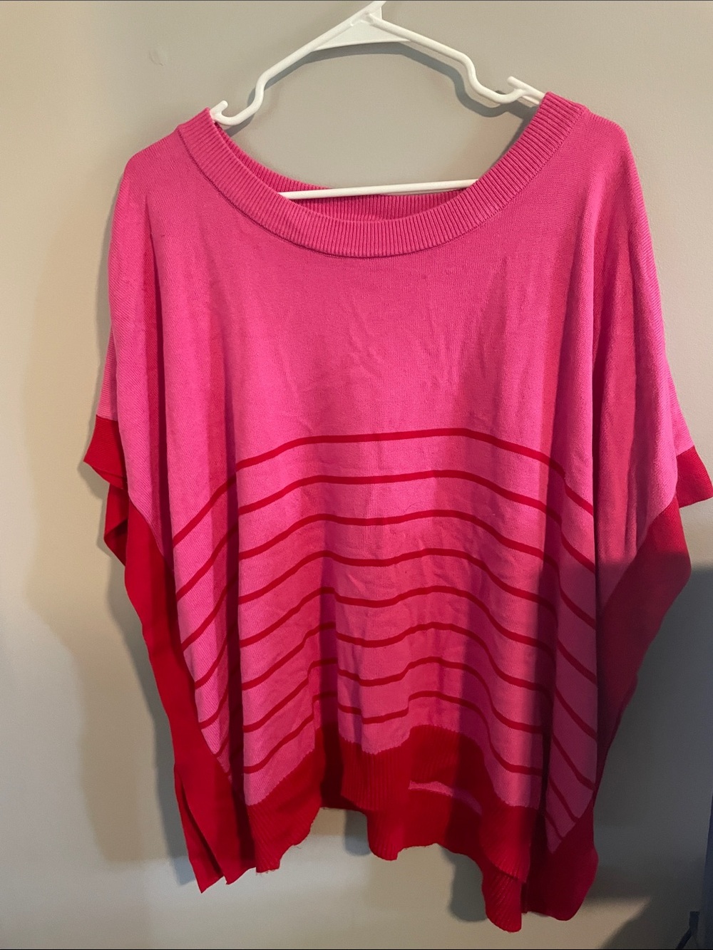 ENTRO Hot Pink Red Striped Sweater Knit Poncho